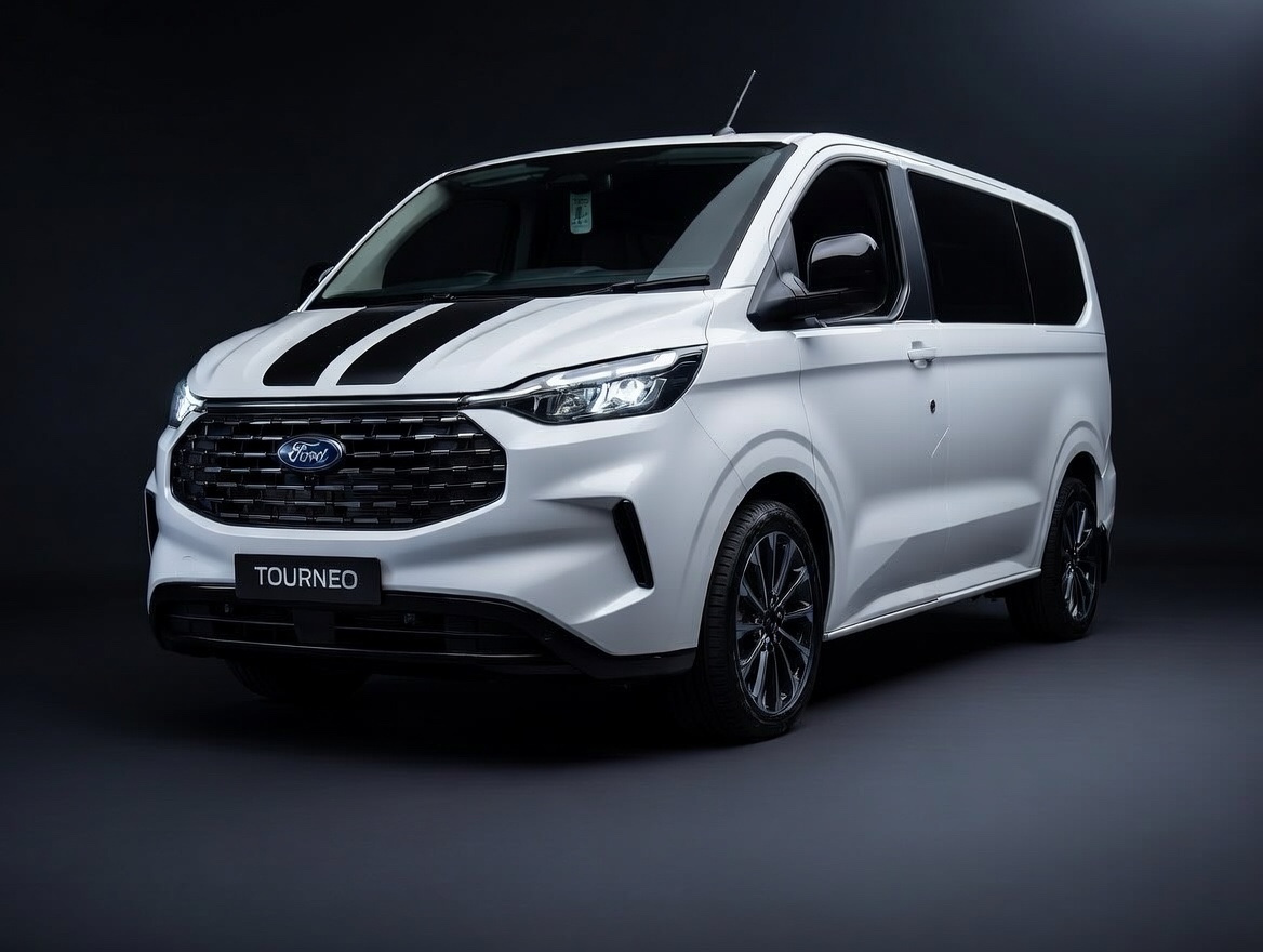 White Ford Tourneo with racing stripes in a dark studio