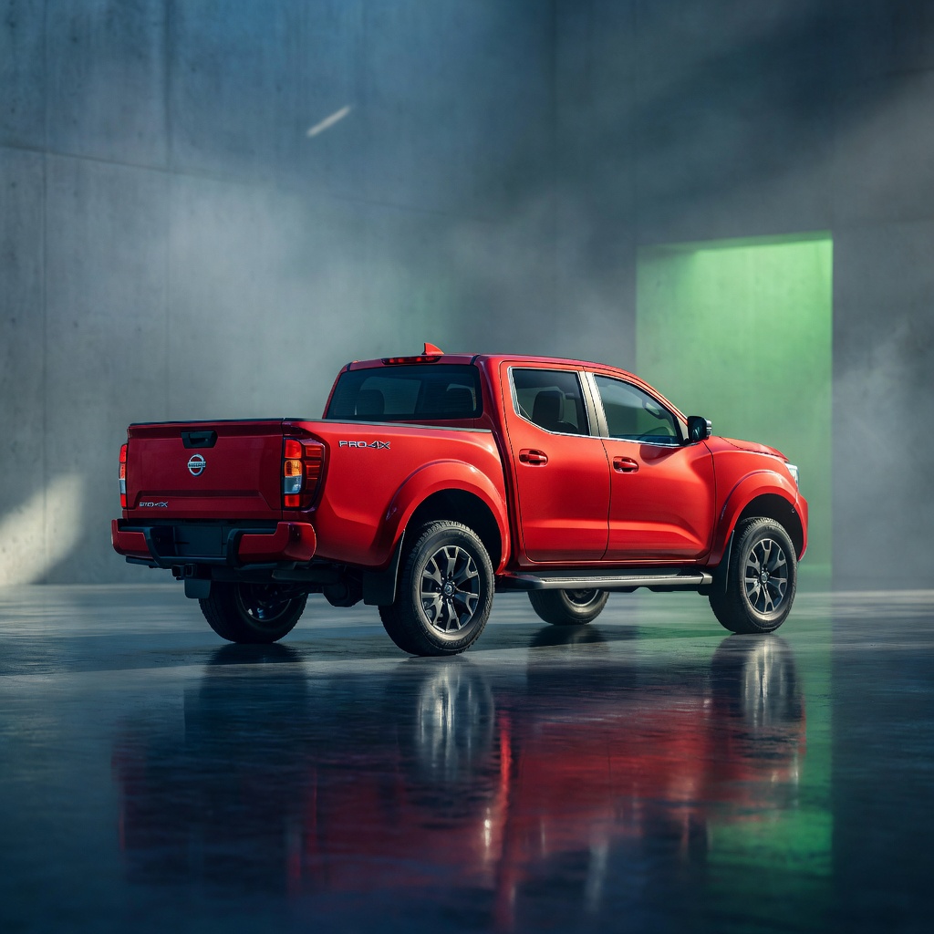 Red Nissan Navara PRO-4X in an industrial studio with haze